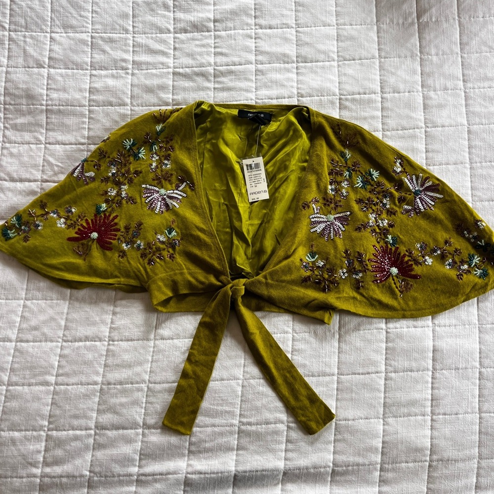 Arden B Shrug Women XS Chartreuse Embroidered Silk Cashmere Tie Front Bolero Top